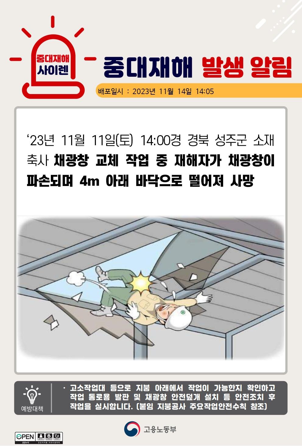 23년 11월11일(토) 경북 성주군 중대재해 발생 대표이미지